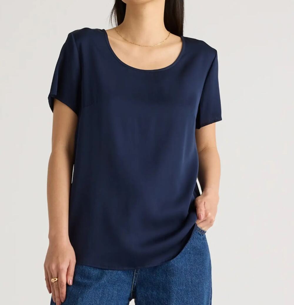 Quince Washable Stretch Silk Tee Womens M Navy Blue Blouse Top Minimalist